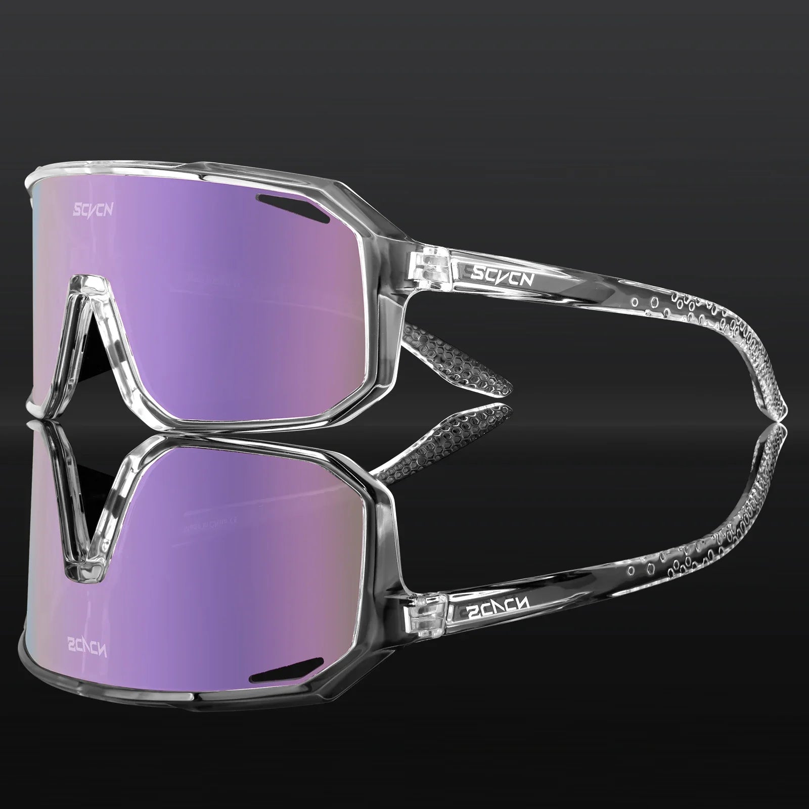 SCVCN Cycling Glasses with clear angular frame and purple lens, offering impact resistance and UV protection. Perfect for MTB and trail riding.