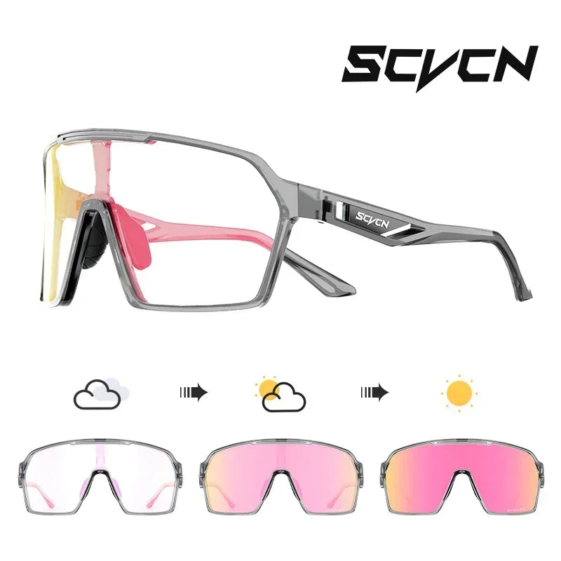 SCVCN UV400 cycling glasses in grey and pink with adaptive lenses for changing light. Designed for outdoor sports and biking comfort.