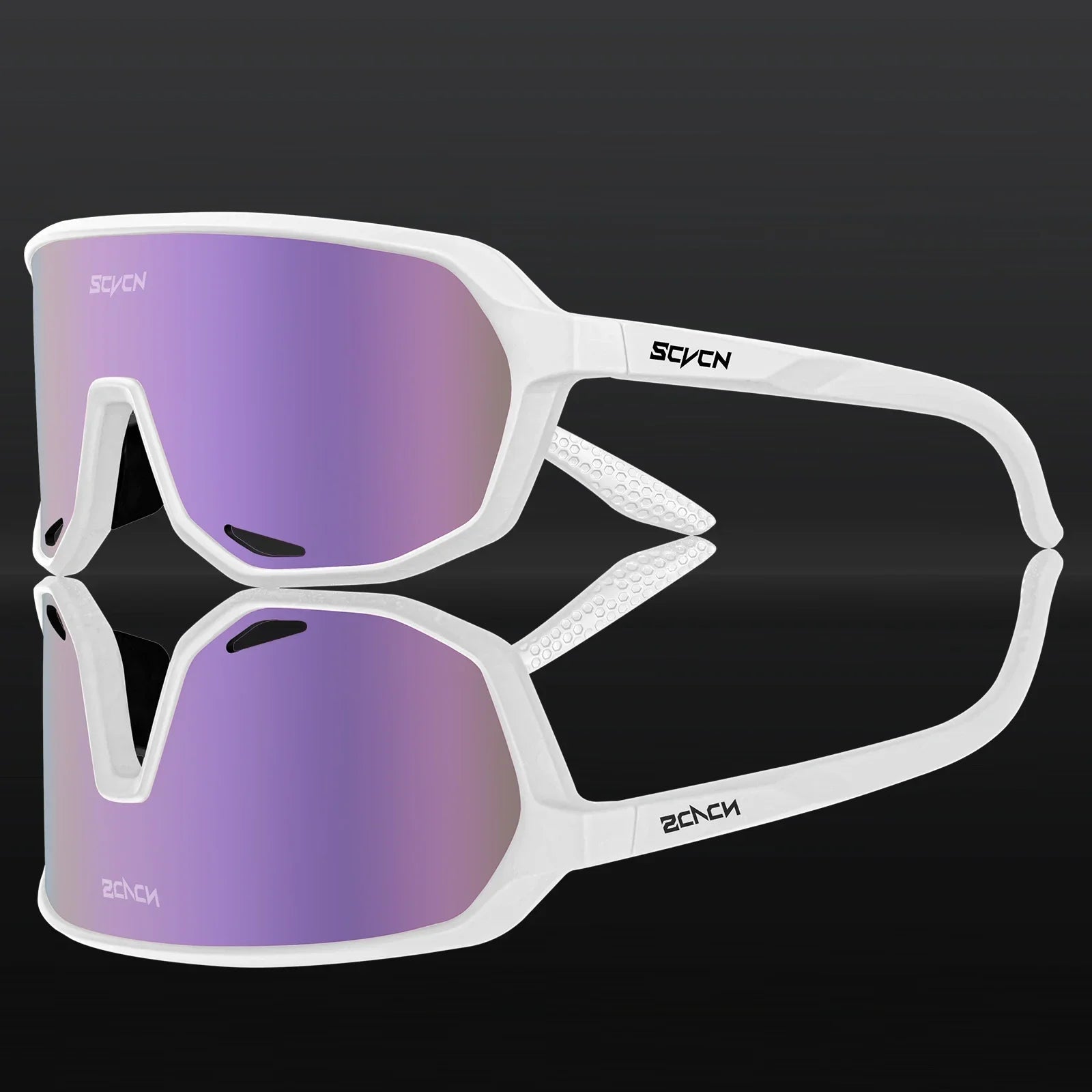 Buy SCVCN MTB Glasses in white frame with purple UV400 lens, lightweight and impact-resistant for outdoor sports and trail riding.