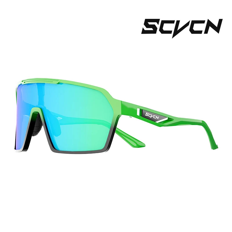 SCVCN UV400 cycling glasses in green with mirrored blue lenses, lightweight and impact-resistant for mountain biking, road cycling, and outdoor sports.