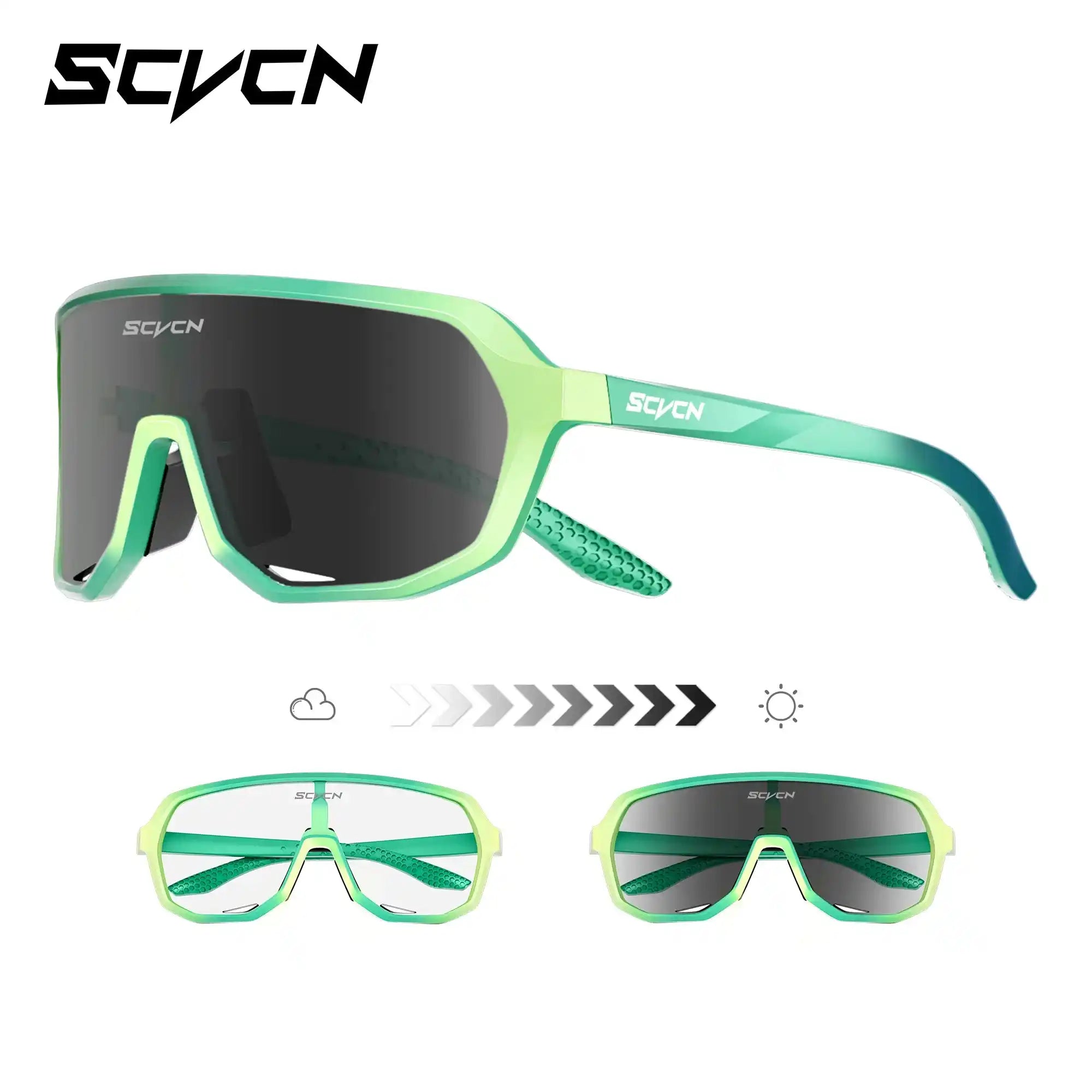Green gradient photochromic cycling eyewear with UV400 lenses and windproof design, optimized for mountain biking and high-performance sports.