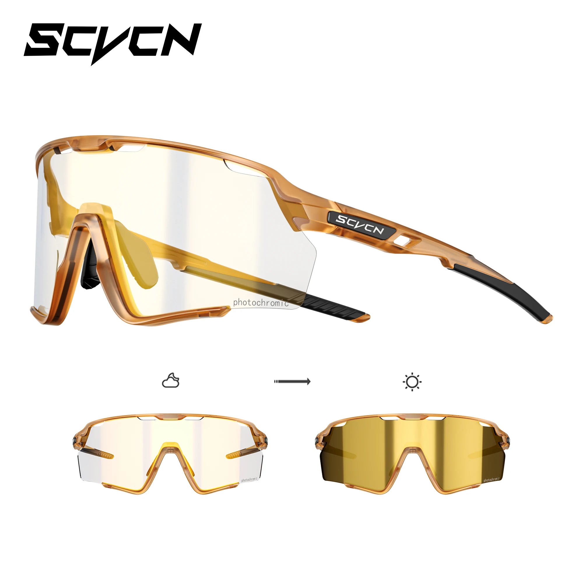 Adjustable fit photochromic cycling glasses with TR90 frame in amber, transitioning from clear to yellow for UV400 protection and all-weather use.
