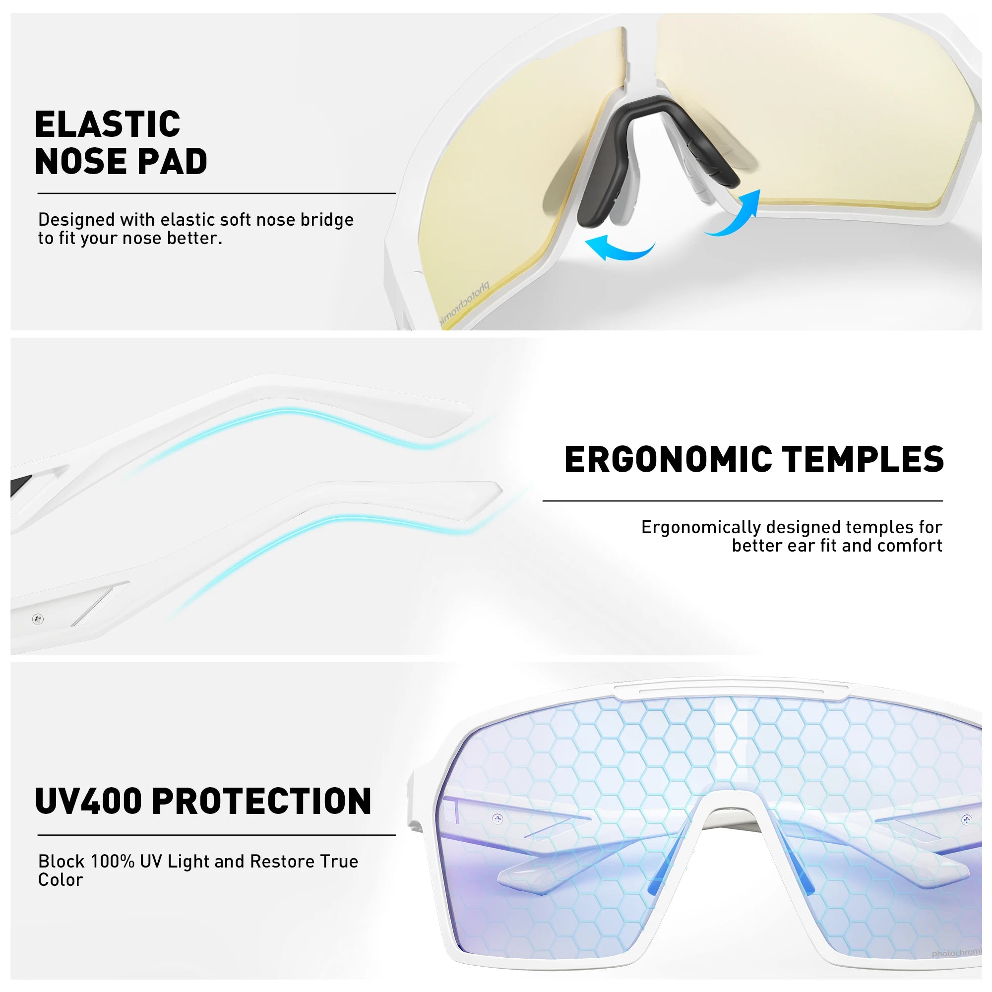 SCVCN cycling glasses featuring elastic nose pad, ergonomic temples, and UV400 lenses. Engineered for comfort and full UV protection during outdoor rides.