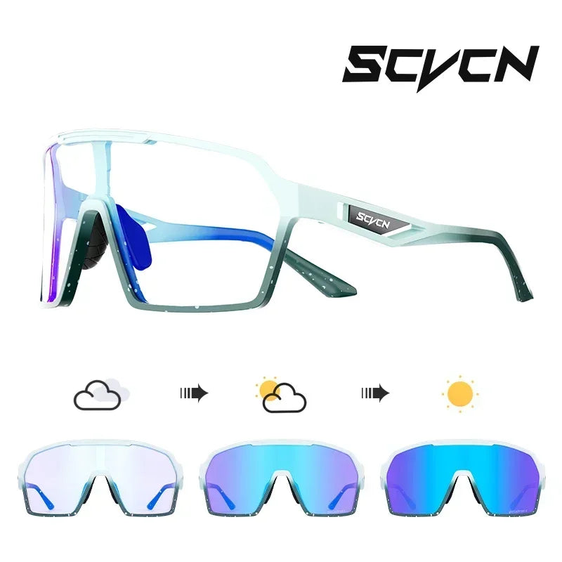 SCVCN UV400 cycling glasses with blue photochromic lenses that adapt to sunlight, designed for outdoor sports, biking, and high-performance cycling.