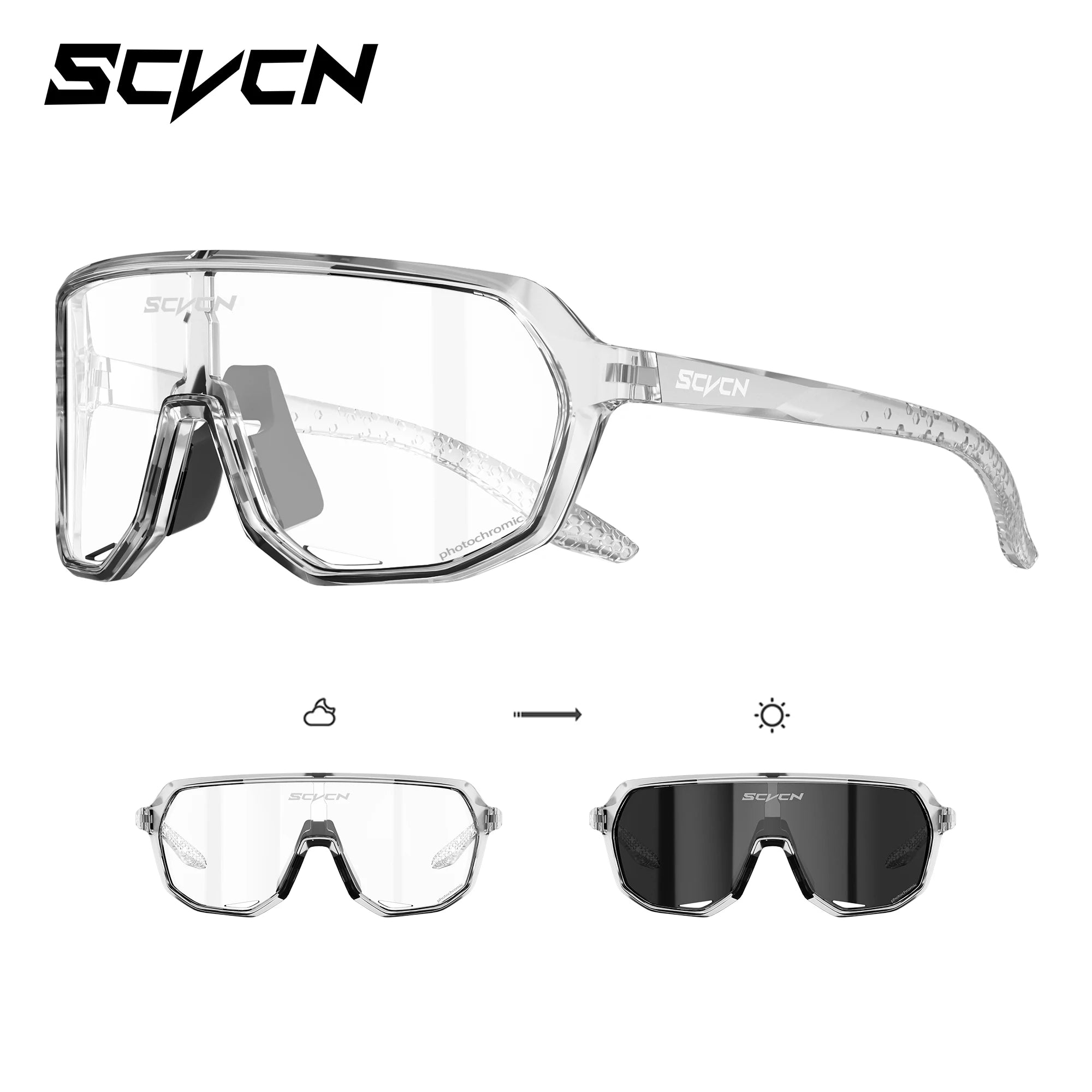 Transparent SCVCN MTB Glasses with adaptive UV400 lenses. Ideal for trail riding, road biking, and glare reduction in changing light conditions.