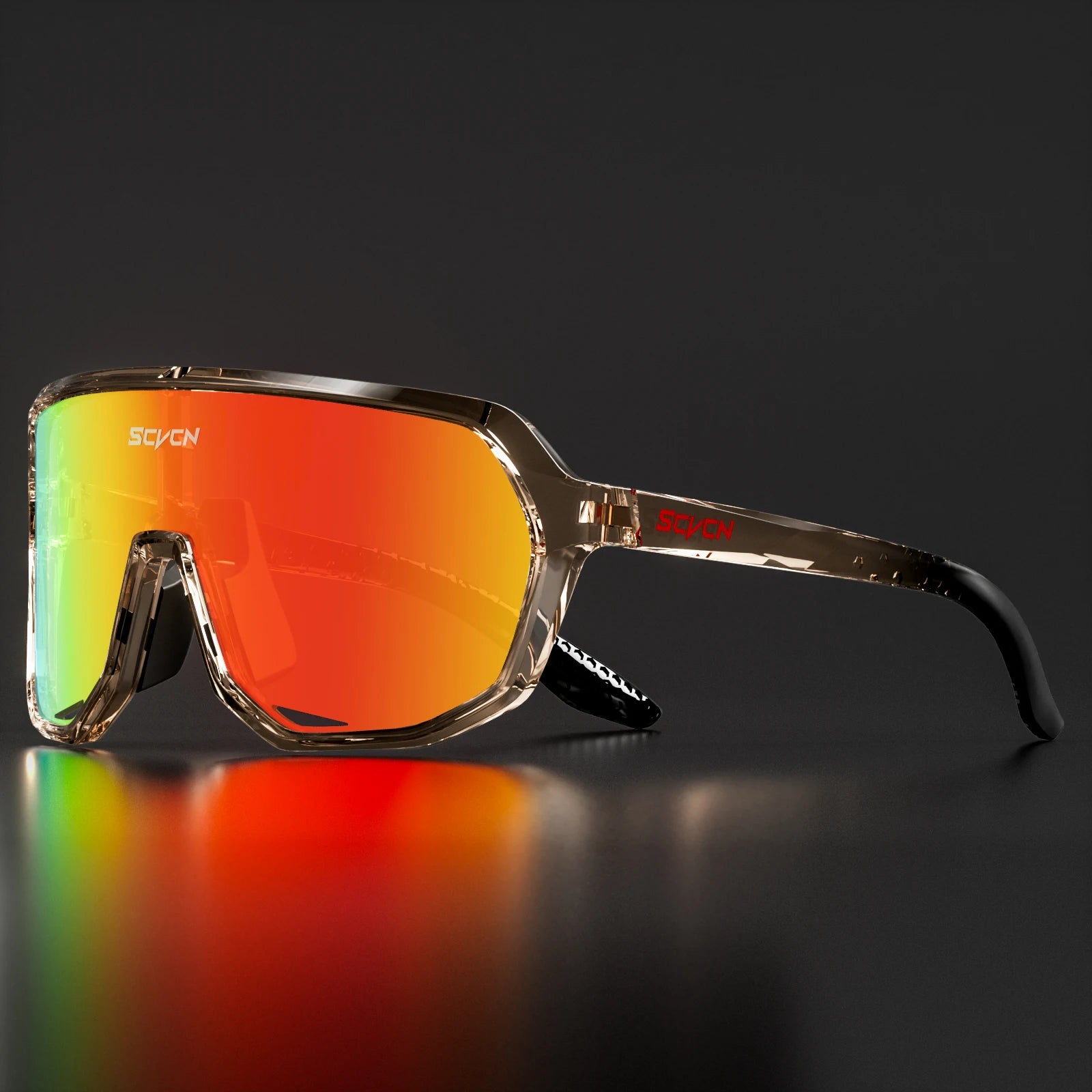 SCVCN cycling glasses with red mirrored UV400 lenses and translucent brown frame, offering impact resistance and anti-slip nose pads for trail riding.