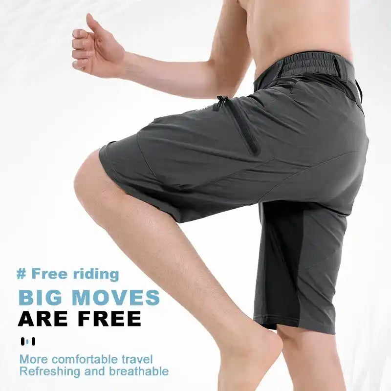 Model wearing X-TIGER waterproof MTB shorts demonstrating flexibility and breathability for free movement during cycling.