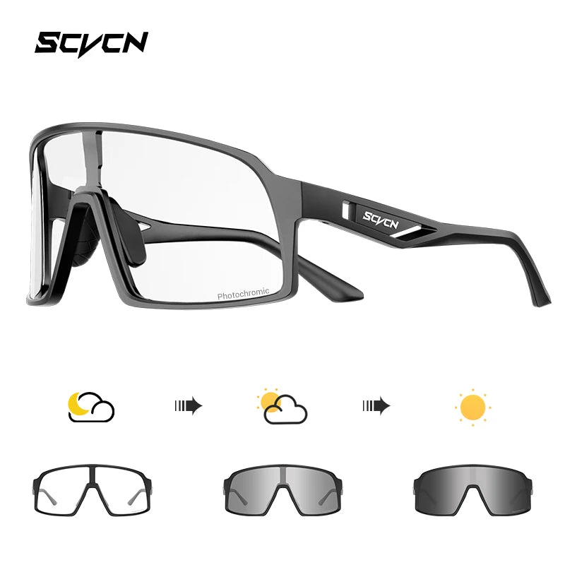 Matte black SCVCN Cycling Glasses with photochromic lenses that darken in sunlight, providing impact resistance and wind protection for cyclists.