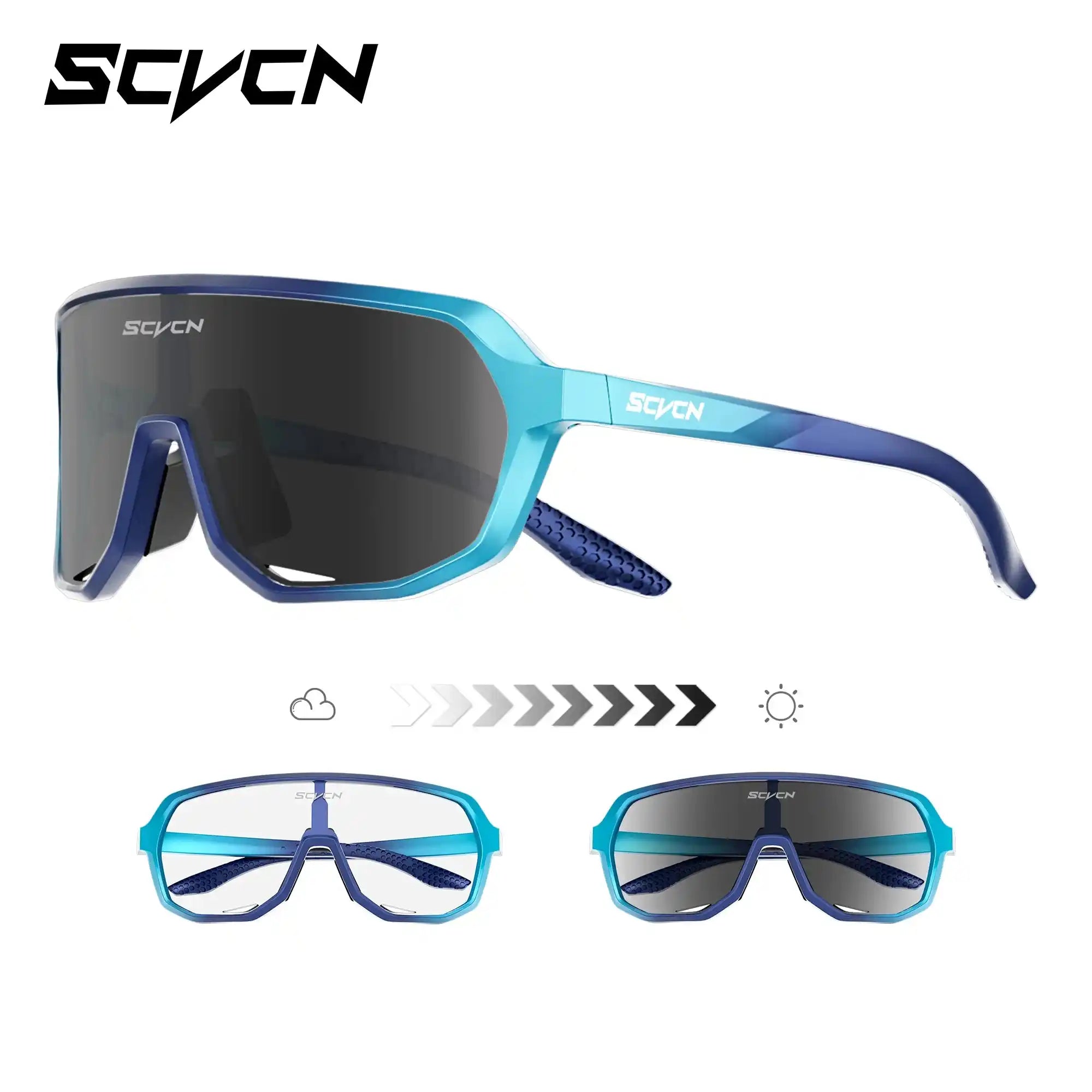 Blue gradient frame photochromic cycling glasses with UV400 lenses, offering light adaptive protection for MTB and trail riding.