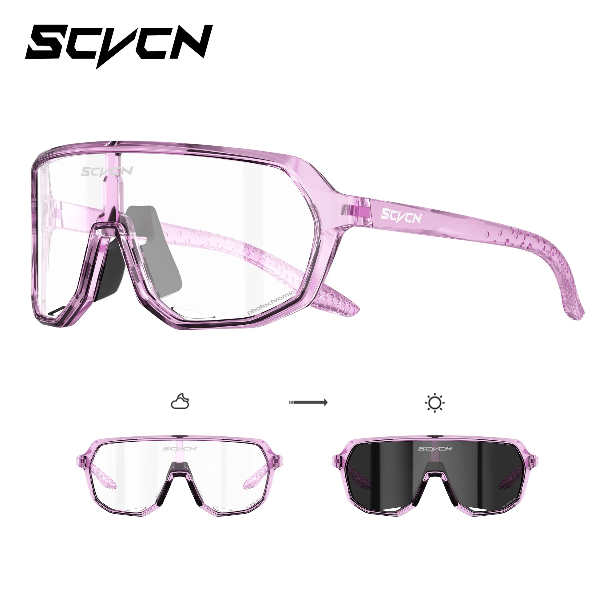 SCVCN MTB photochromic cycling glasses in pink with UV400 lenses that adapt from clear to dark, perfect for outdoor sports and travel.