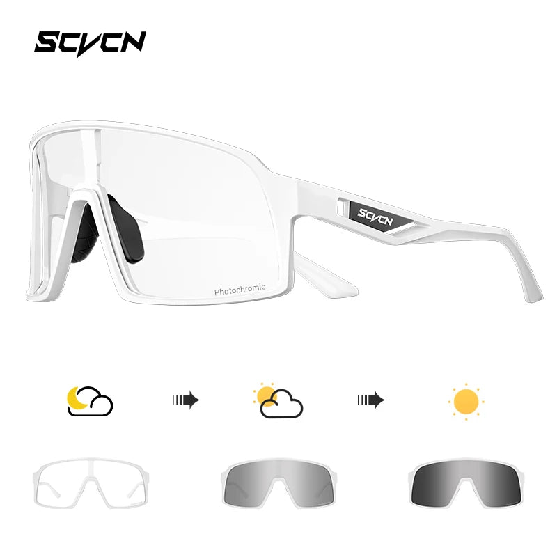 SCVCN white photochromic cycling glasses with clear to dark lenses, offering UV400 protection and impact resistance for cyclists.