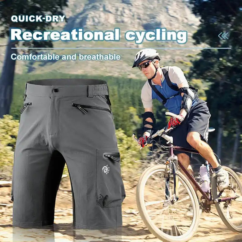 Cyclist wearing X-TIGER waterproof MTB shorts during a trail ride, showcasing quick-dry and breathable features for outdoor cycling.