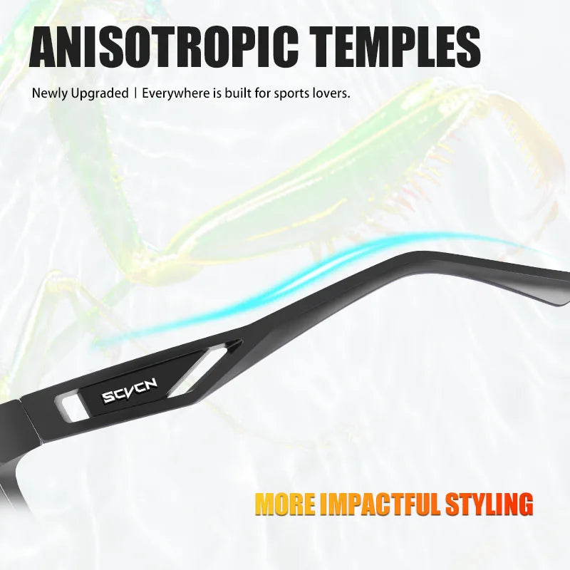 Close-up of SCVCN cycling glasses showing anisotropic temples for enhanced comfort and stability, perfect for active sports enthusiasts.