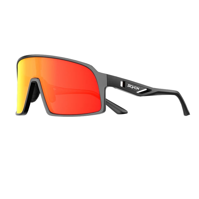 SCVCN cycling glasses with bold red mirrored lenses and black TR90 frame, perfect for high-performance biking and glare reduction.