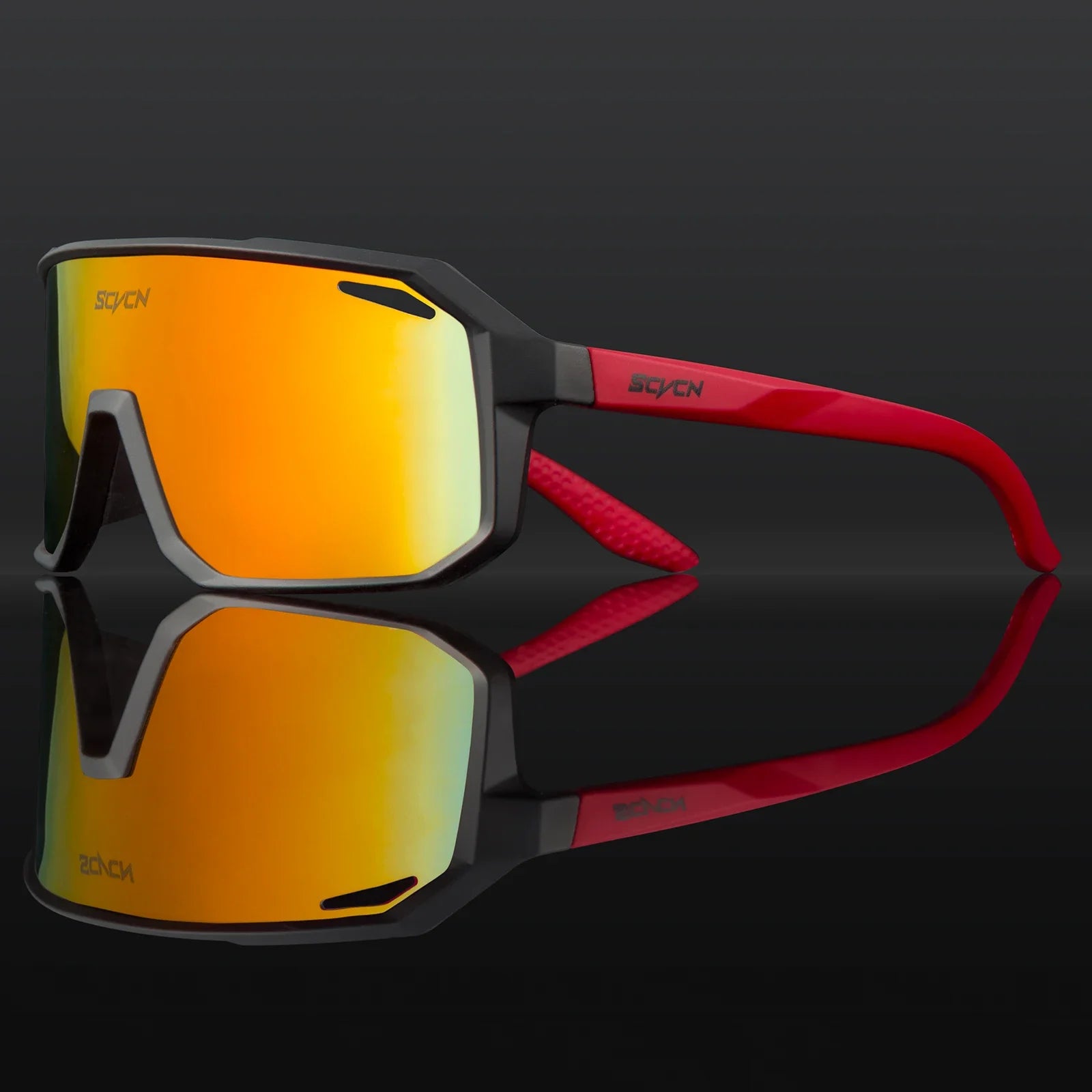 SCVCN Cycling Glasses with black and red frame and orange lens, unisex design. Perfect for trail riding, mountain biking, and outdoor sports.