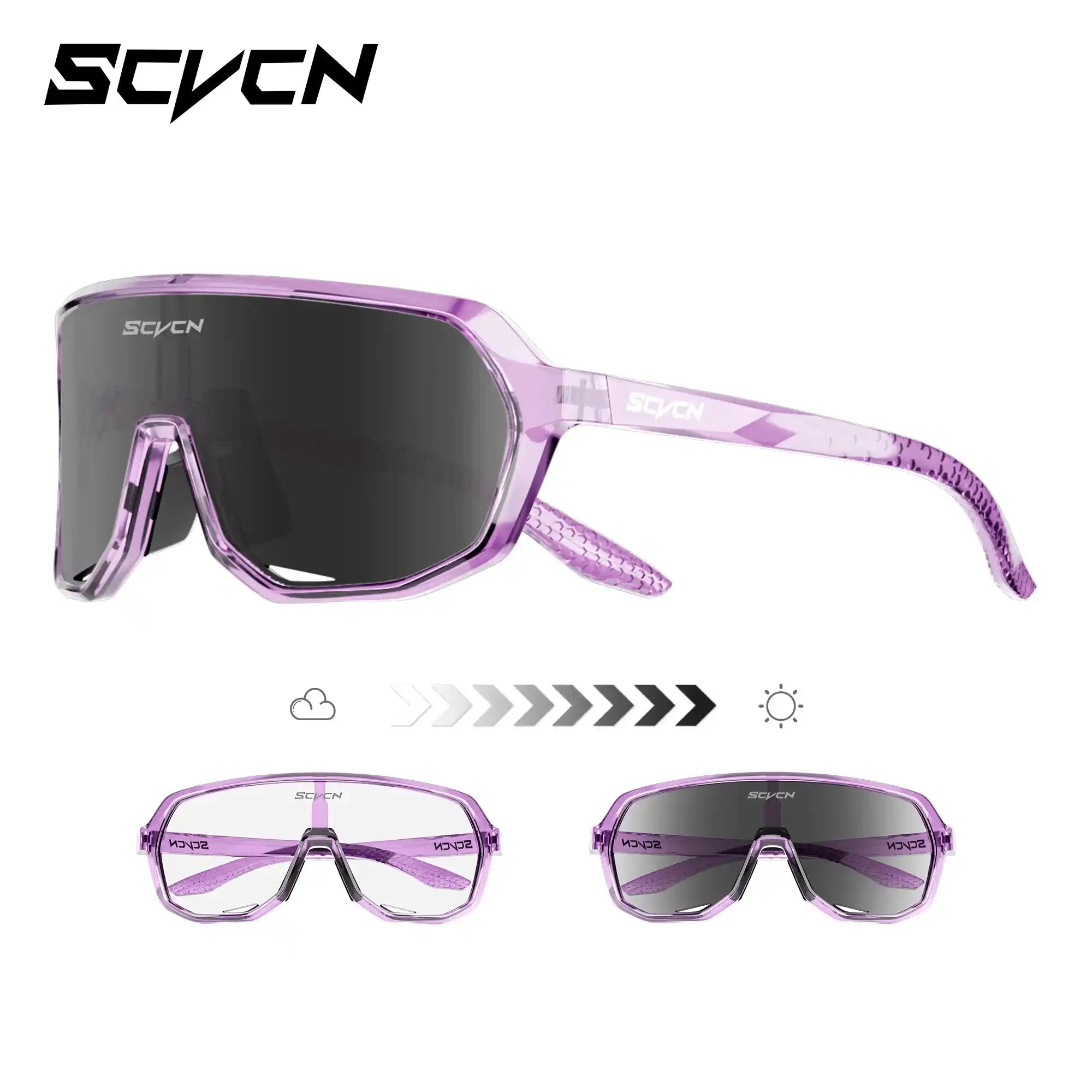 Purple photochromic cycling sunglasses with UV400 lenses and anti-slip nose pads, designed for women’s MTB and all-weather outdoor use.