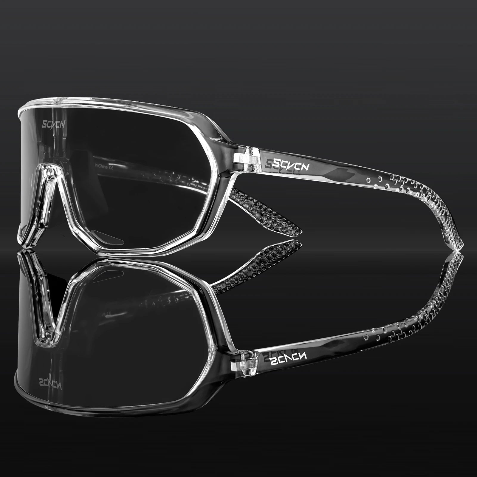 SCVCN cycling glasses with clear UV400 lenses and transparent TR90 frame, ideal for night riding and wind protection in all weather conditions.
