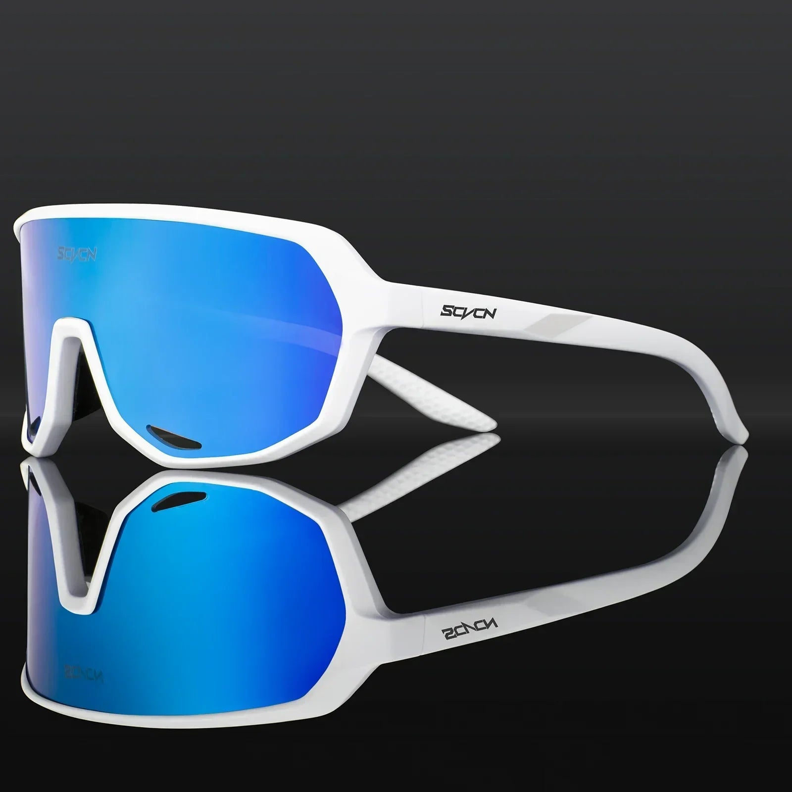 Buy SCVCN MTB Glasses with blue UV400 photochromic lenses and white TR90 frame, ideal for cycling, hiking, and outdoor sports protection.