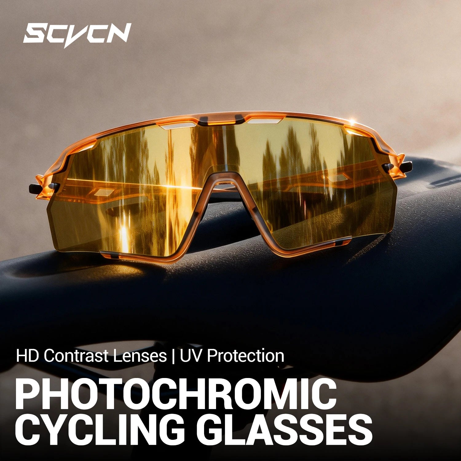 Cycling Glasses with UV400 protection and HD contrast lenses in amber tint, ideal for outdoor sports and photochromic light adjustment.