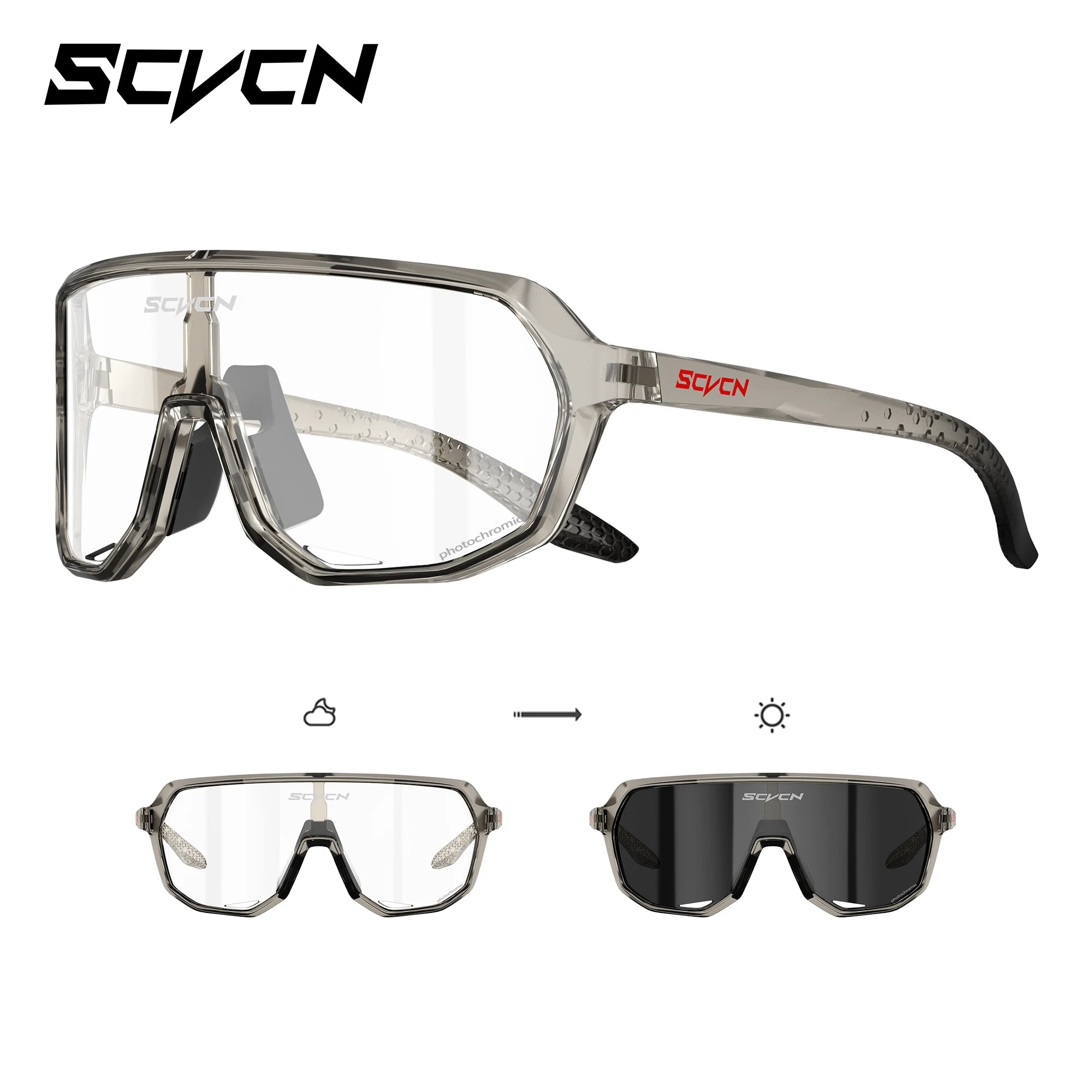 SCVCN photochromic MTB glasses with clear-to-dark UV400 lenses and full frame, perfect for cycling, hiking, and mountaineering.