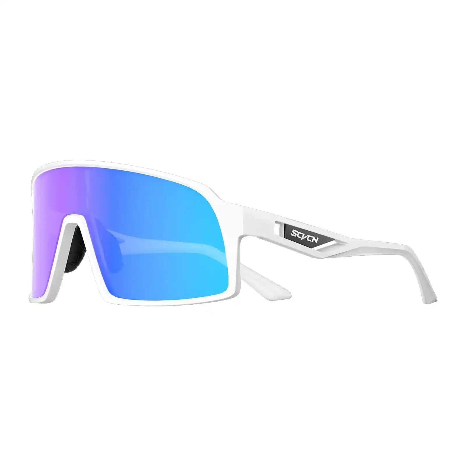SCVCN UV400 Cycling Glasses in white with blue mirrored lens, designed for glare reduction and impact resistance in all-weather conditions.