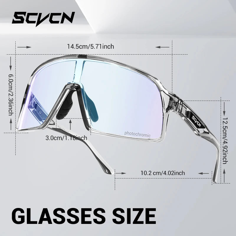 High Impact Resistance - UV400 Cycling Lenses with full size chart, featuring photochromic lens and TR90 frame for outdoor sports and cycling use.