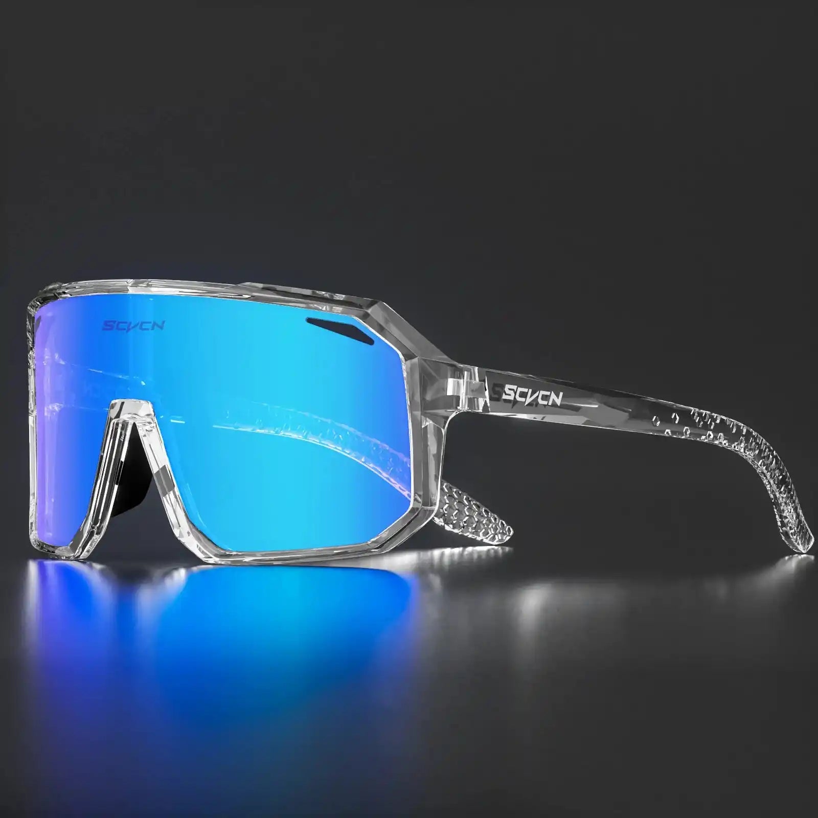 SCVCN Cycling Glasses with transparent frame and blue mirrored lenses, offering UV400 protection and impact resistance for outdoor sports.