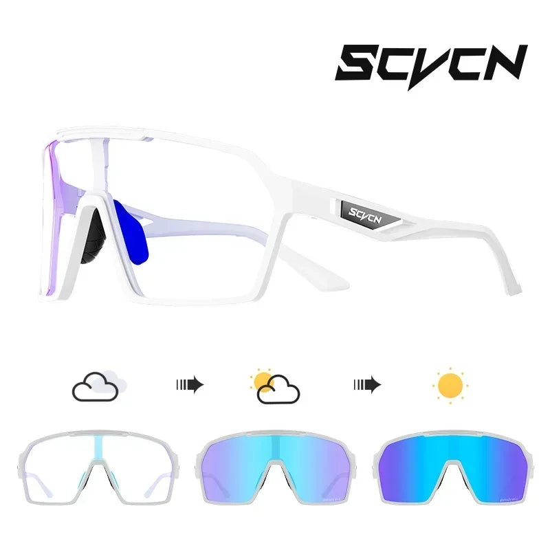 SCVCN UV400 Cycling Glasses with white frame and photochromic lenses, transitioning from clear to blue for all-weather cycling and UV protection.