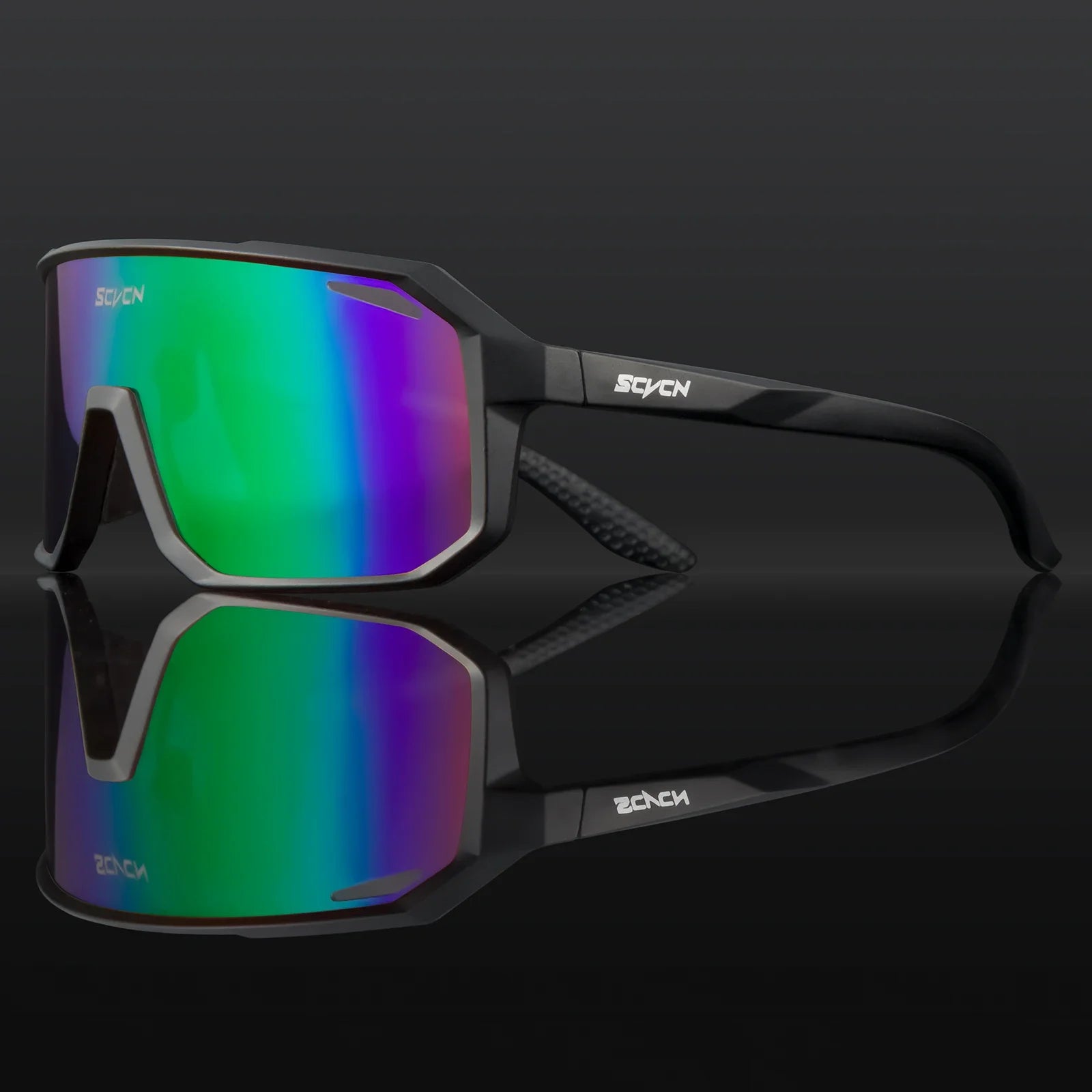 SCVCN cycling glasses for men and women with green-blue mirrored lens and matte black TR90 frame, ideal for high-performance outdoor cycling.