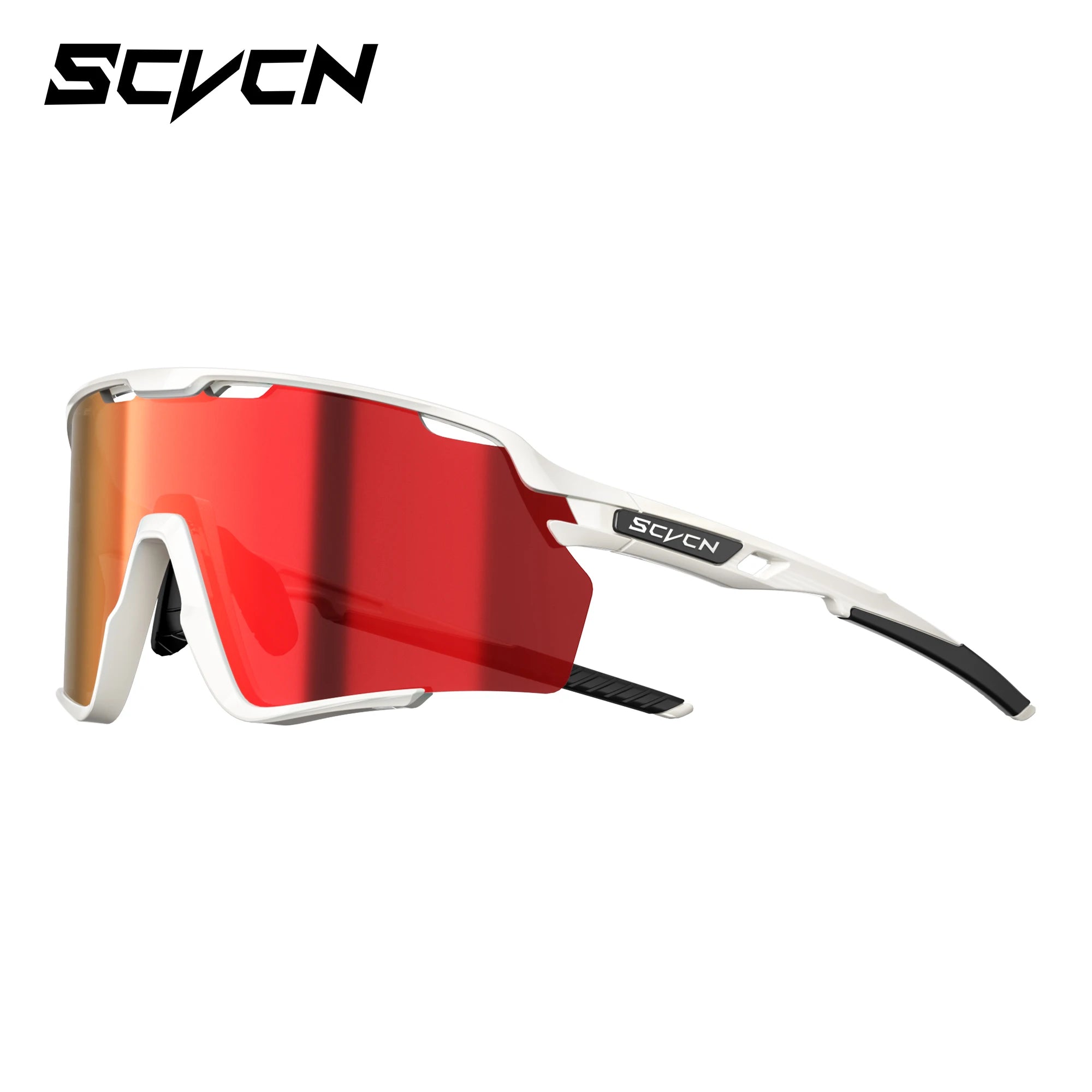 High-performance white cycling glasses with red mirrored UV400 lenses and anti-slip nose pads, perfect for mountain biking and road cycling.