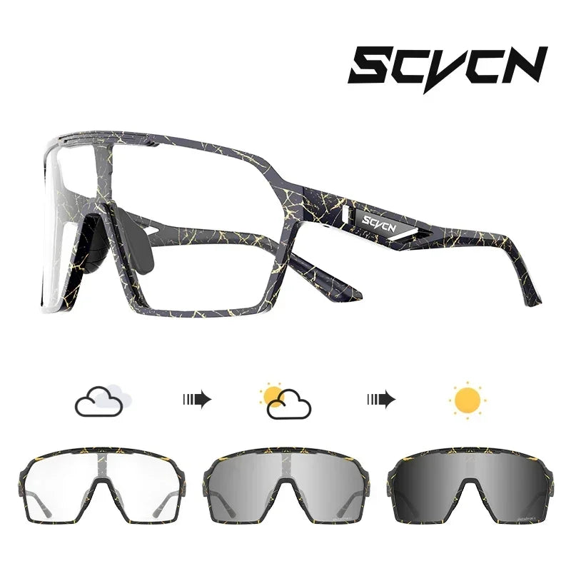 SCVCN UV400 cycling glasses with black and gold marble frame and photochromic gray lenses, perfect for trail riding and all-weather cycling.