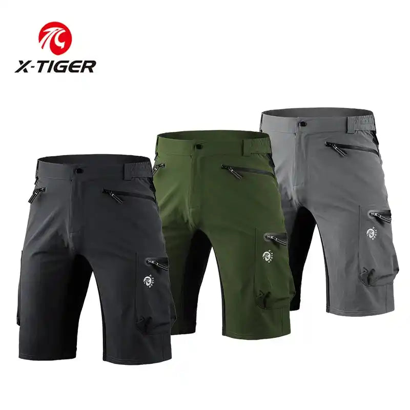 X-TIGER mountain cycling shorts waterproof in black, green, and gray with multi-zipper pockets and loose fit for outdoor MTB rides.