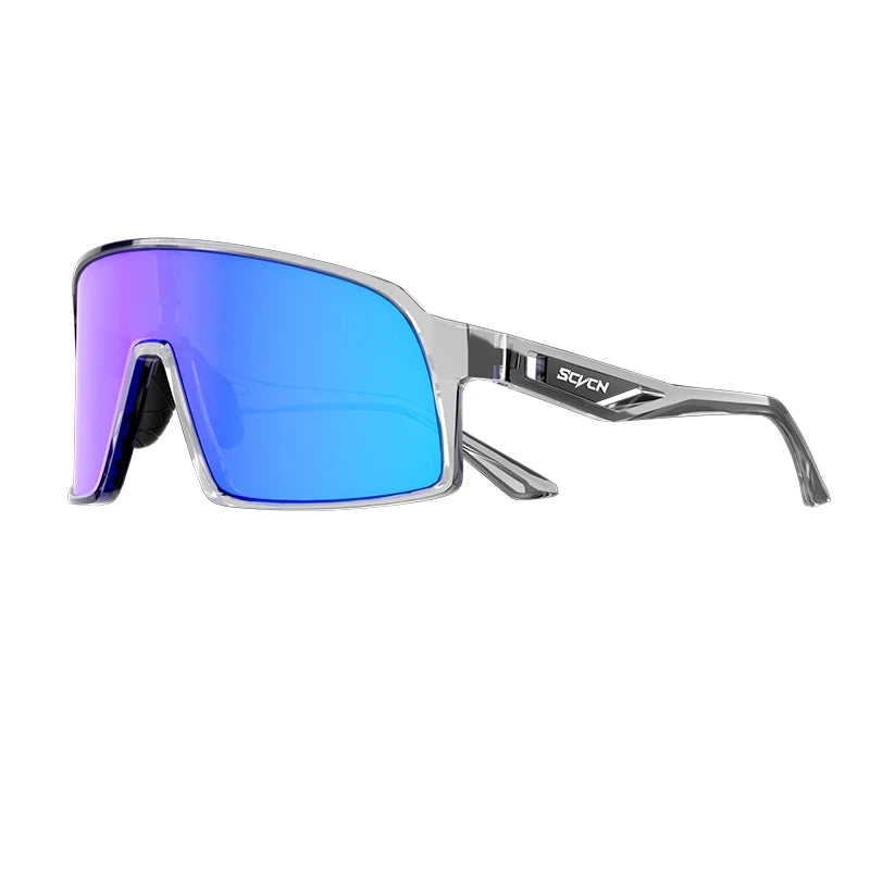 SCVCN cycling glasses with blue mirrored lenses and transparent frame, offering lightweight comfort and UV protection for outdoor sports.