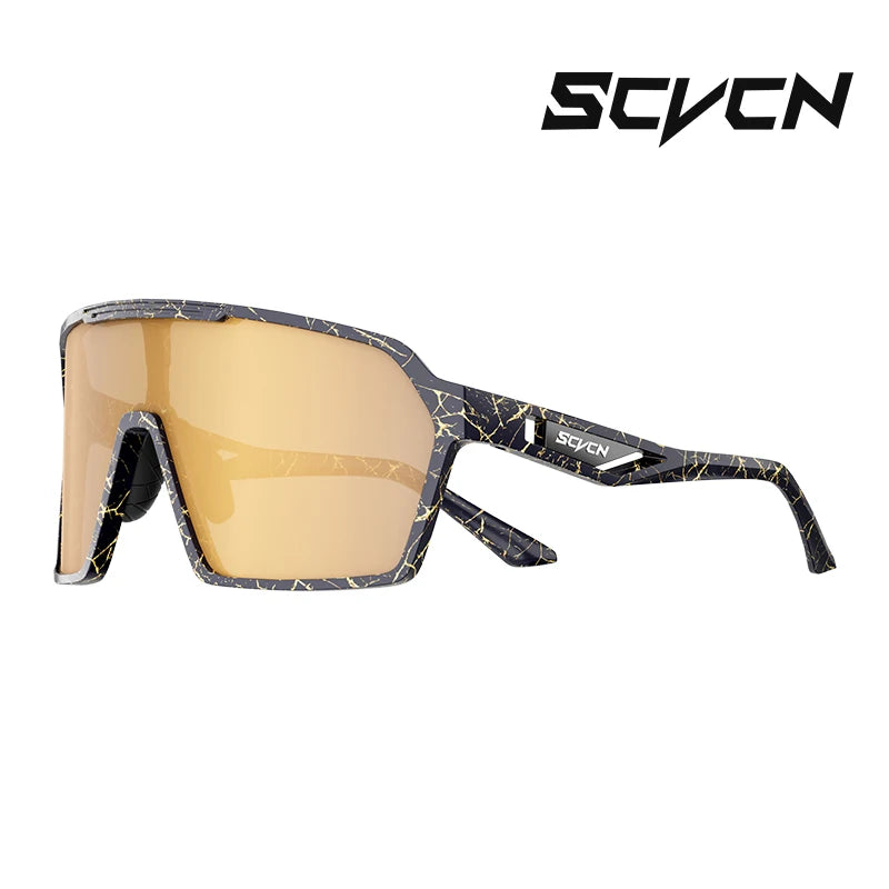 SCVCN UV400 Cycling Glasses in black marble frame with gold-tinted lenses, designed for outdoor sports and glare reduction during cycling.