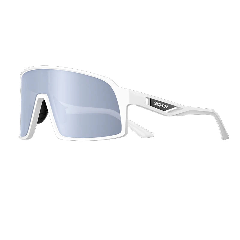 SCVCN white cycling glasses with UV400 mirrored lenses, lightweight TR90 frame ideal for road biking and outdoor sports.