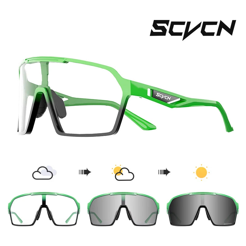 Green SCVCN UV400 cycling glasses with light adaptive lenses for all-weather biking. Offers UV protection and wind resistance for cyclists.