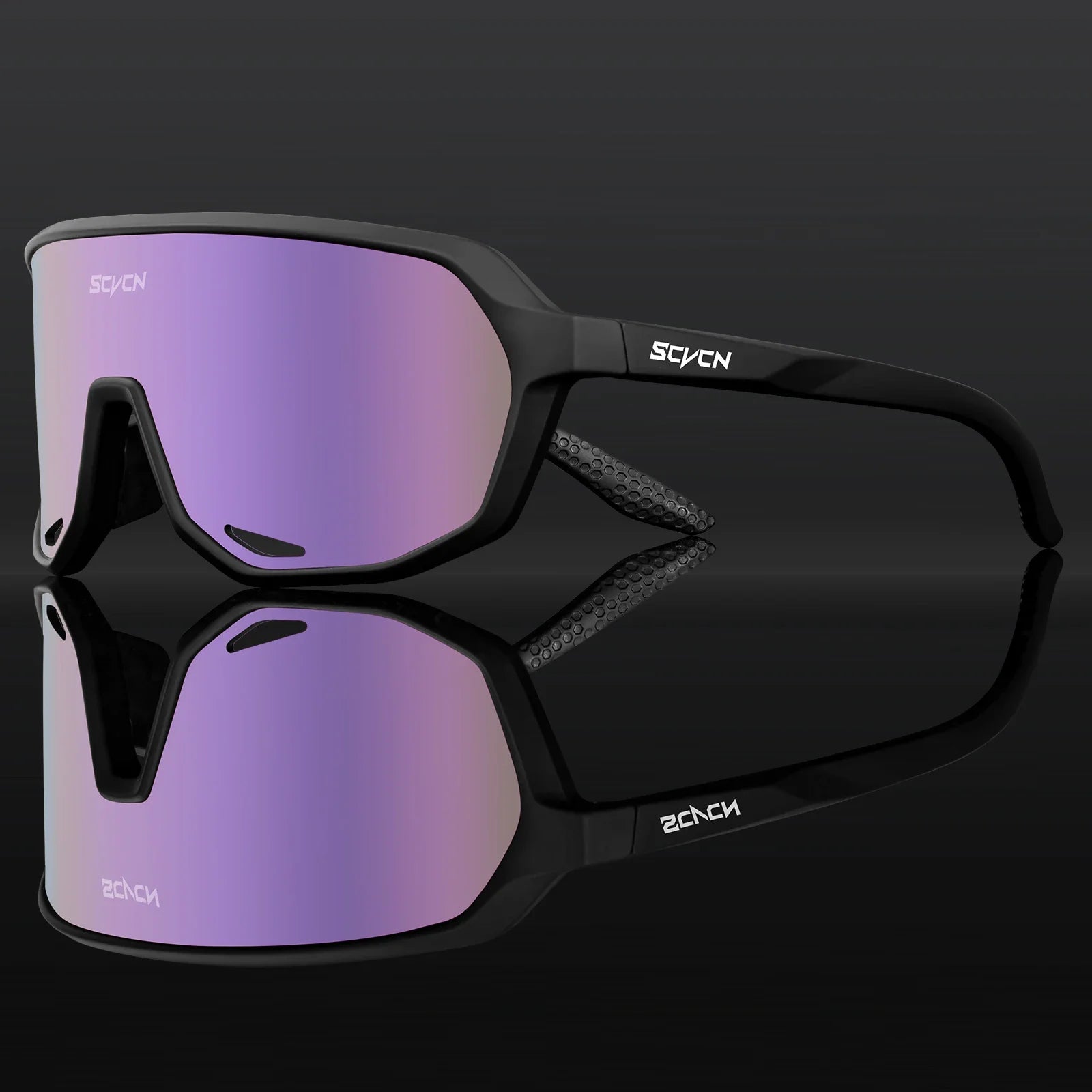 SCVCN Cycling Glasses with black TR90 frame and purple lens, designed for men and women. Lightweight, UV400 windproof eyewear for road and mountain biking.