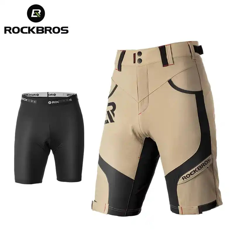 ROCKBROS beige MTB cycling shorts with detachable black padded liner, built for breathable summer sports and high-performance rides.