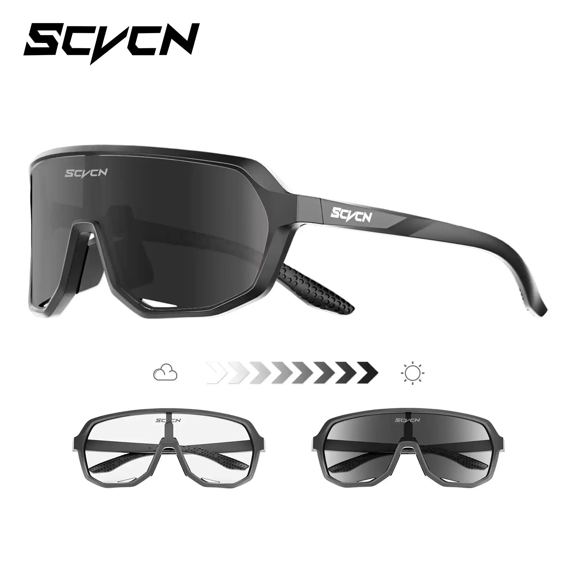 Matte black UV400 cycling glasses with light adaptive lenses and impact-resistant frame, perfect for road biking and trail riding.