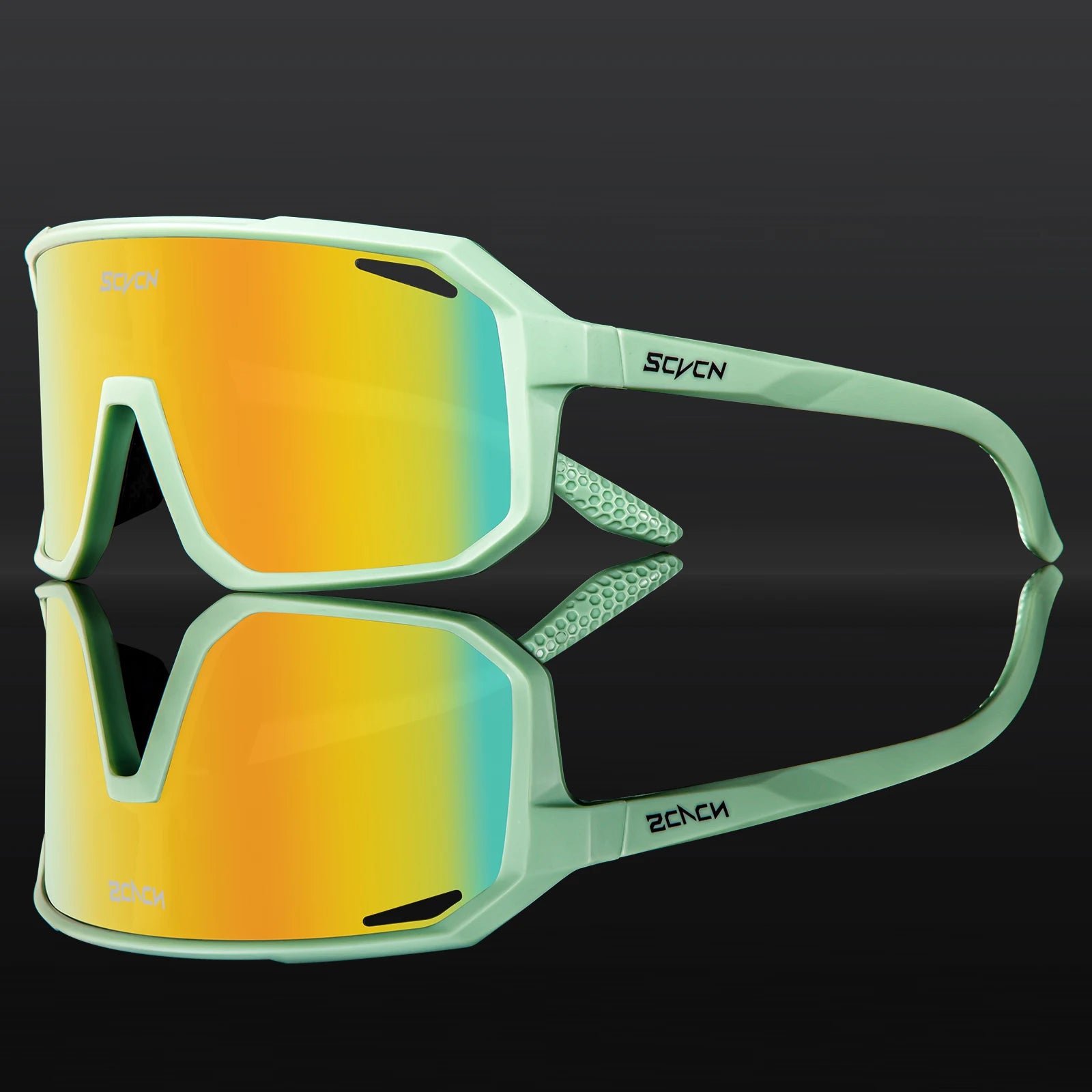 SCVCN Cycling Glasses in mint green with orange mirrored lenses, designed for UV protection and outdoor sports performance.