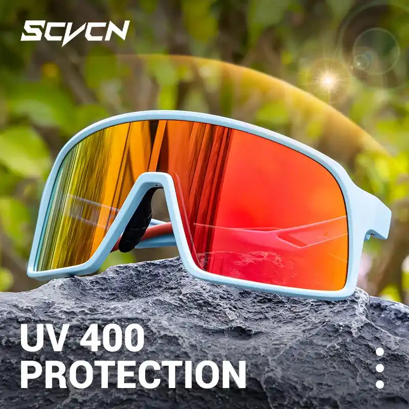 SCVCN Cycling Glasses with UV400 protection and red mirrored single lens, ideal for outdoor sports and cycling in bright sunlight.