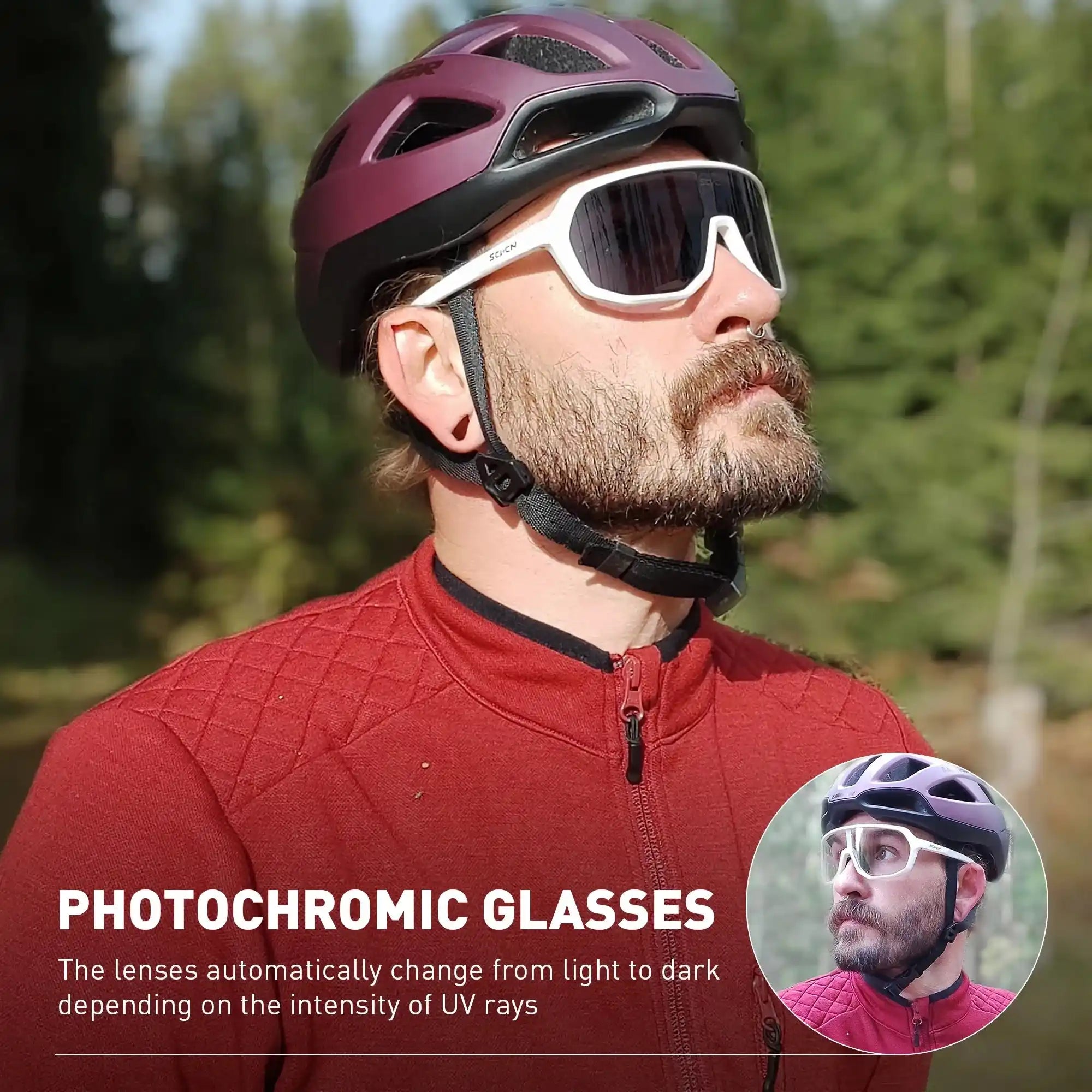 Cyclist in red gear wearing white-frame photochromic cycling glasses that adapt to UV light, perfect for mountain biking and trail riding.