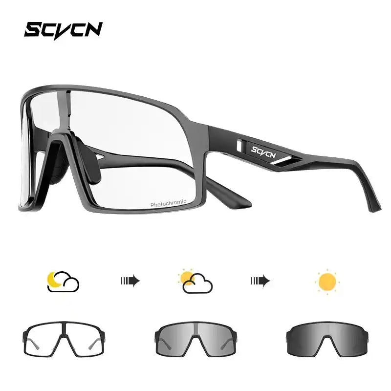 Matte black frame cycling glasses with UV400 grey photochromic lenses, offering windproof and impact-resistant protection for mountain biking.