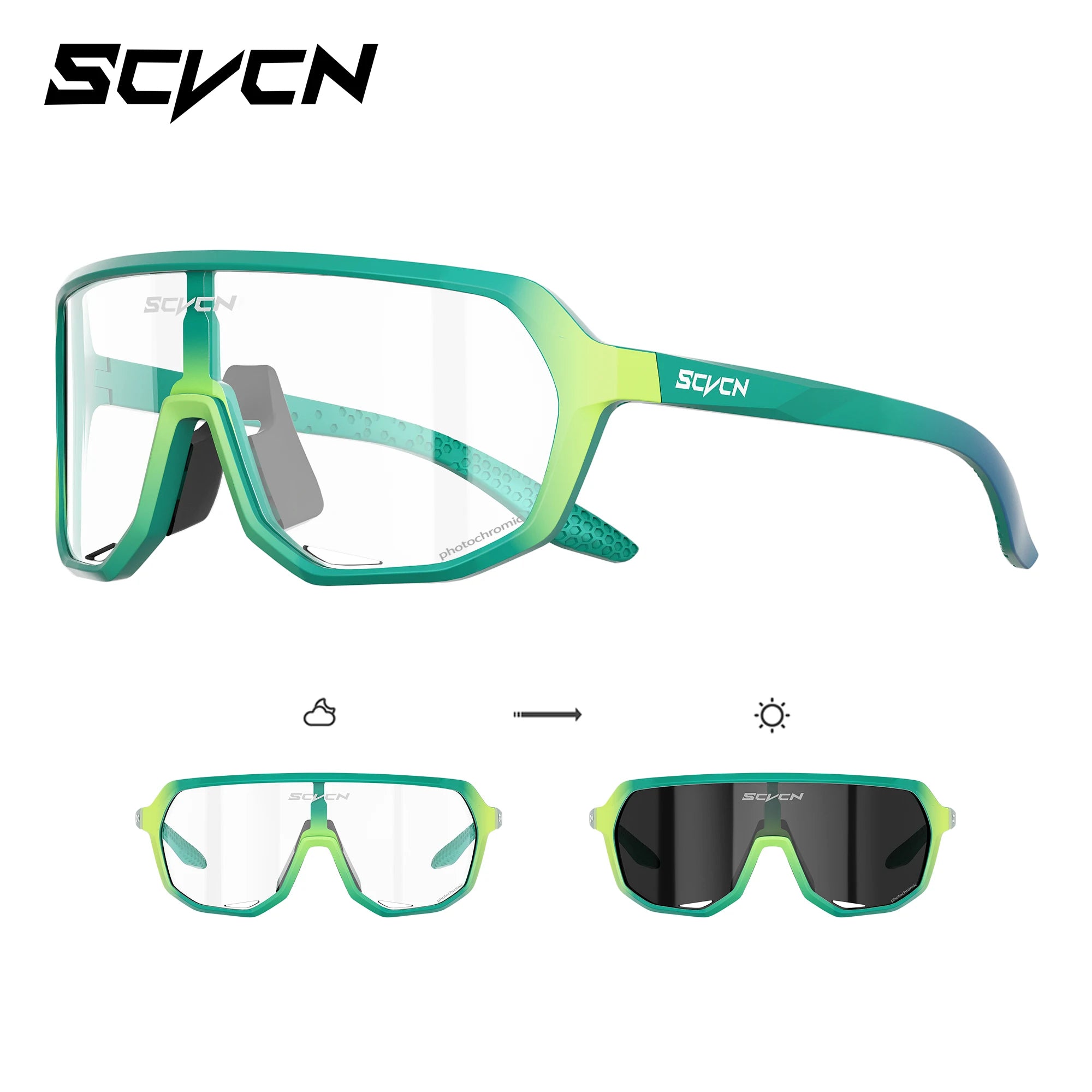 Green SCVCN MTB sunglasses with light adaptive UV400 lenses, designed for cycling, hiking, and mountaineering in changing light conditions.