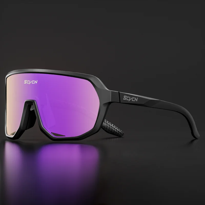 SCVCN Cycling Glasses in matte black with purple UV400 lenses. Durable and windproof eyewear ideal for road biking and mountain trail riding.