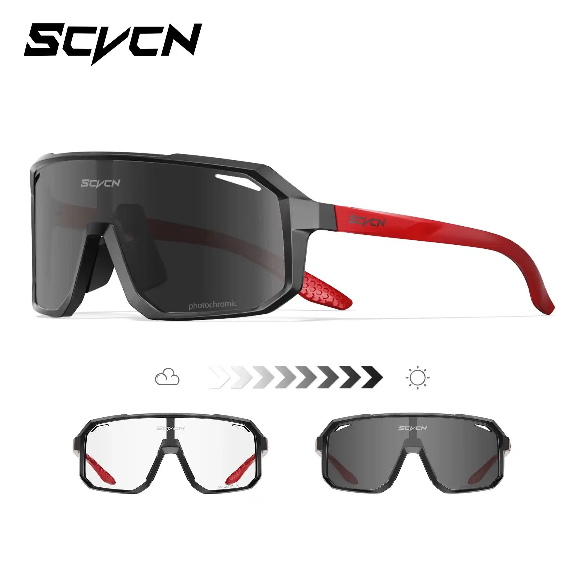 Red and black photochromic cycling glasses with UV400 lenses for MTB and road biking. Light adaptive design for all-weather performance.