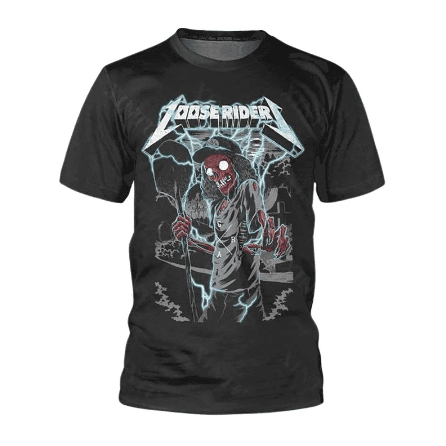 a black t - shirt with a picture of a skeleton on it