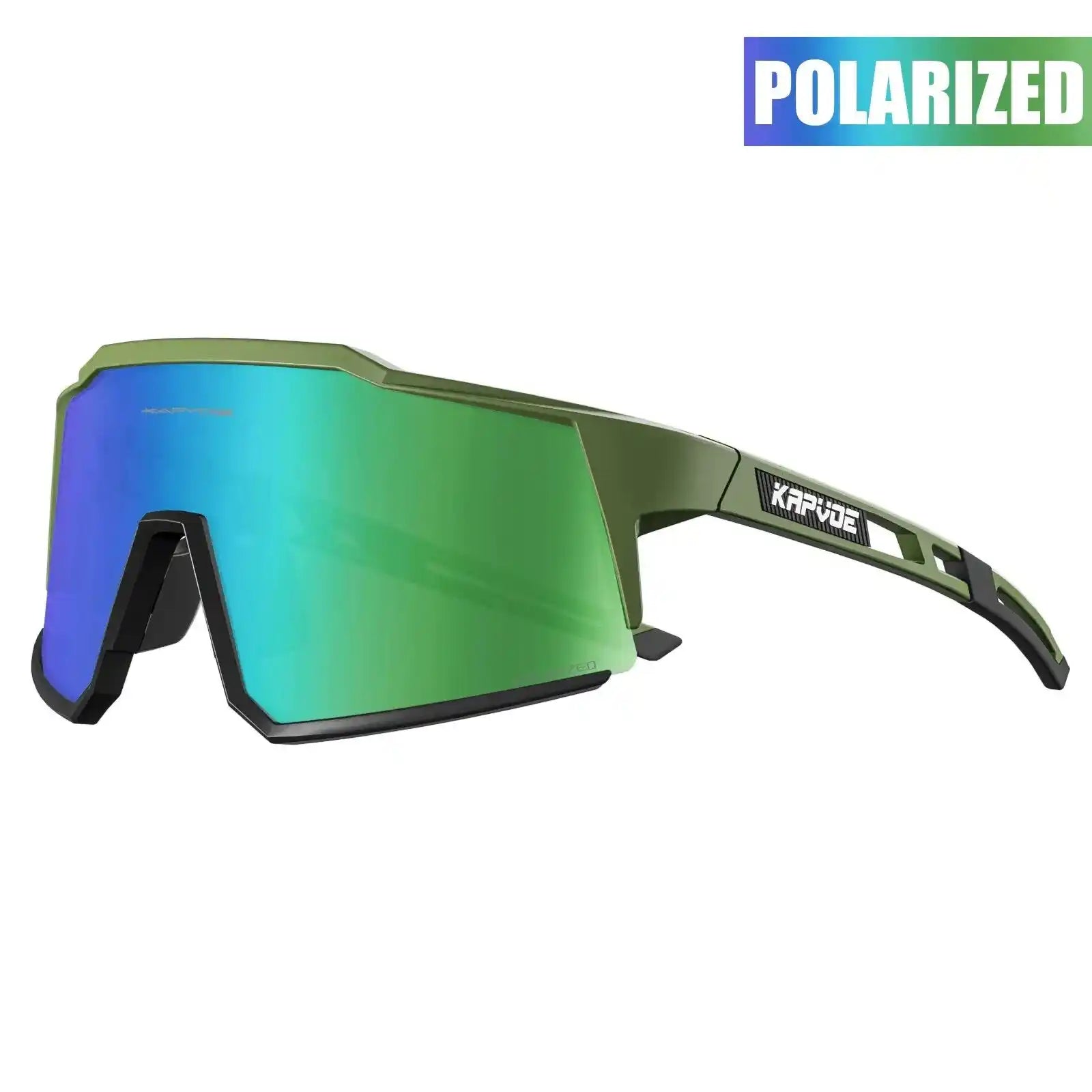 Kapvoe polarized cycling glasses with UV400 protection in green mirrored lens and olive green frame, perfect for outdoor biking.