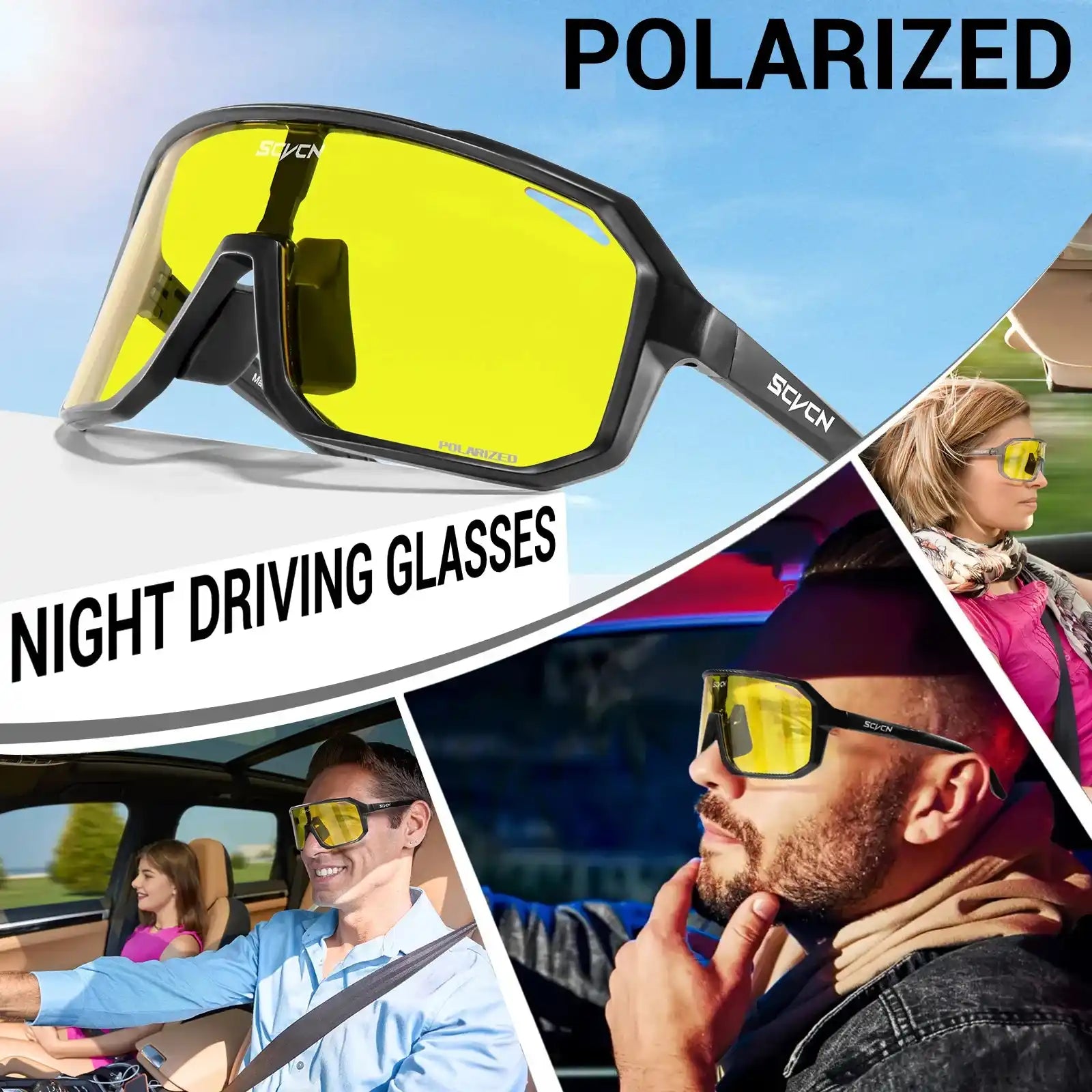 SCVCN polarized night driving glasses showcased in various driving scenarios, emphasizing UV400 protection and anti-glare features.