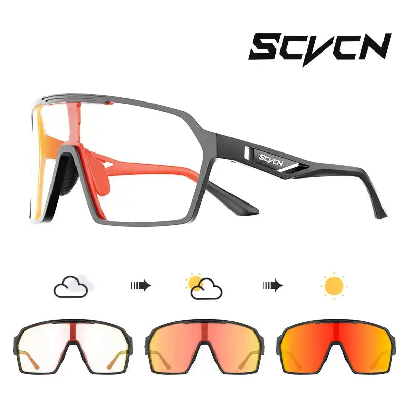 Black and red SCVCN UV400 cycling sunglasses with photochromic orange lenses. Built for sports performance and UV protection.